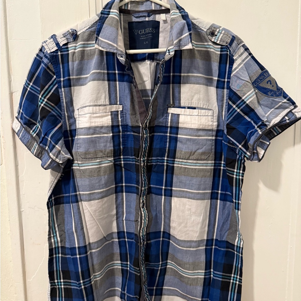 Guess Men's Casual Blue and White Plaid Shirt